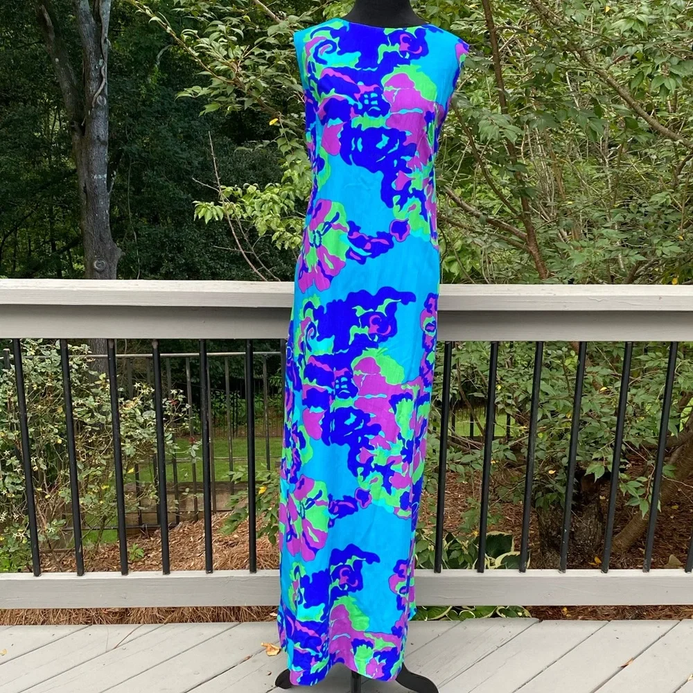 Vintage 60s 70s Psychedelic Flower Power Abstract Print Maxi Dress - Picture 1 of 12
